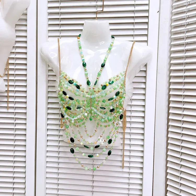 GACVGA Beading Body Chain Halter Camisole Vest Hollow Out Tank Top Body Jewelry Bustier Fashion Bra Women Beach Club Crop Top
