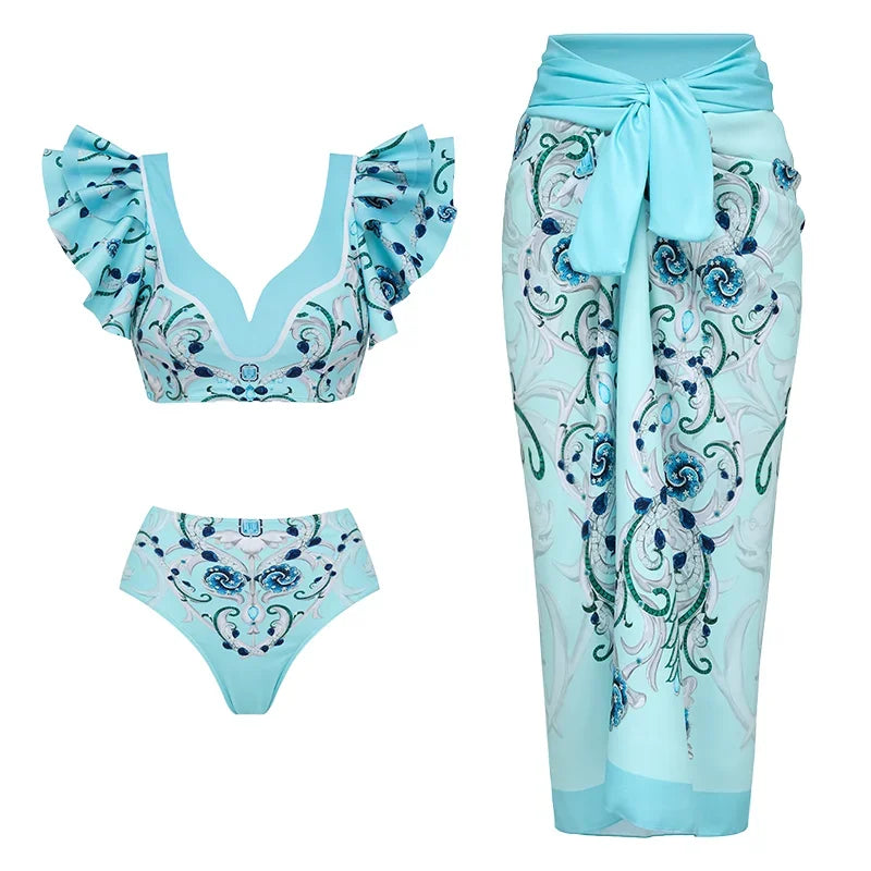 Flaxmaker Blue Jewelry Pattern Print Swimsuit and Sarong Flaxmaker  Bathing Suit two-pieces