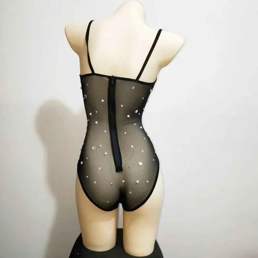 Female Singer Sexy Mesh Luxury Full Diamond Onesie With Triangular High Fork - Stage Performance & Photo Suit Elegant Ball Gowns