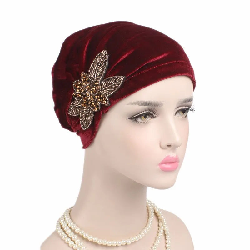 New Jewelry Velvet Turban Caps Muslim Rhinestone Hijab Scarf Bonnet Women Headband Turbans Islamic Wrap Head Scarves