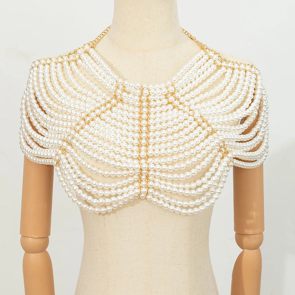 Luxury Ivory Pearls Woven Camisole Breast Chain Gown Dress Pearls Shoulder Chain Jewelry Party Night Clubwear Body Chain