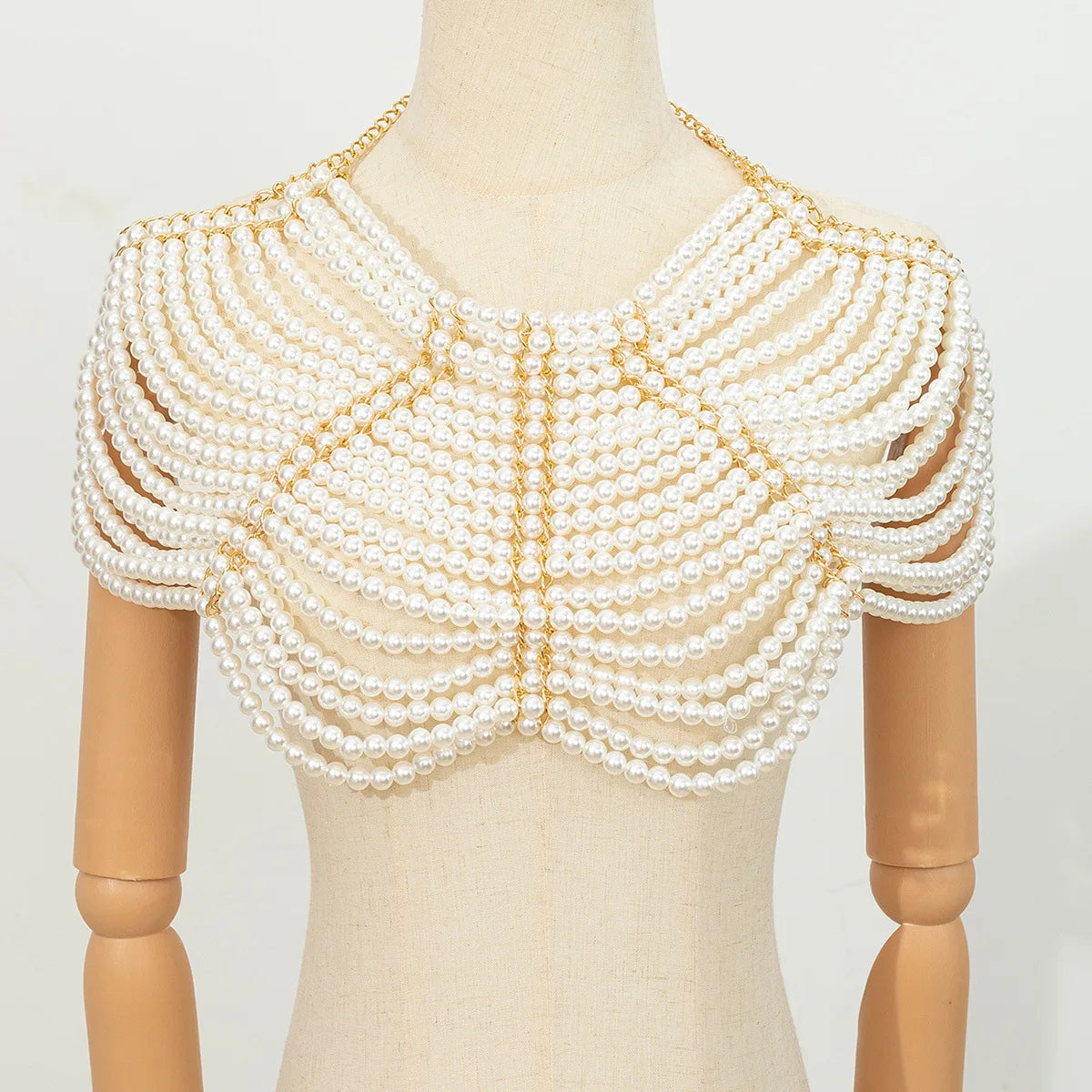 Luxury Ivory Plastic Pearls Woven Camisole Breast Chain Gown Dress Pearls Shoulder Chain Jewelry Party Night Clubwear Body Chain