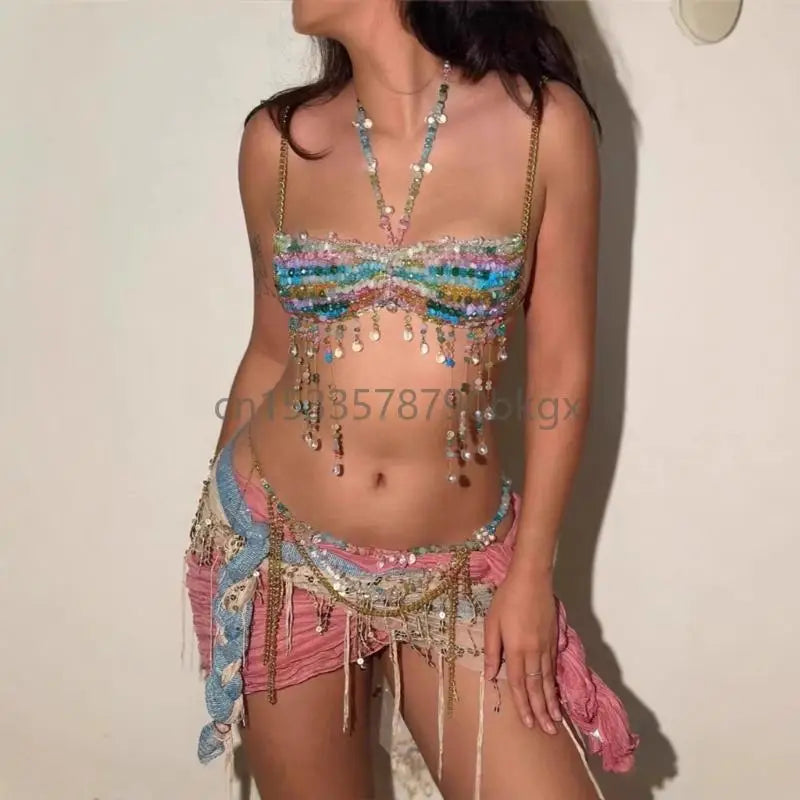 Beaded Multilayer Body Chain Bra Chest Chain Body Jewelry Accessories Women J78E