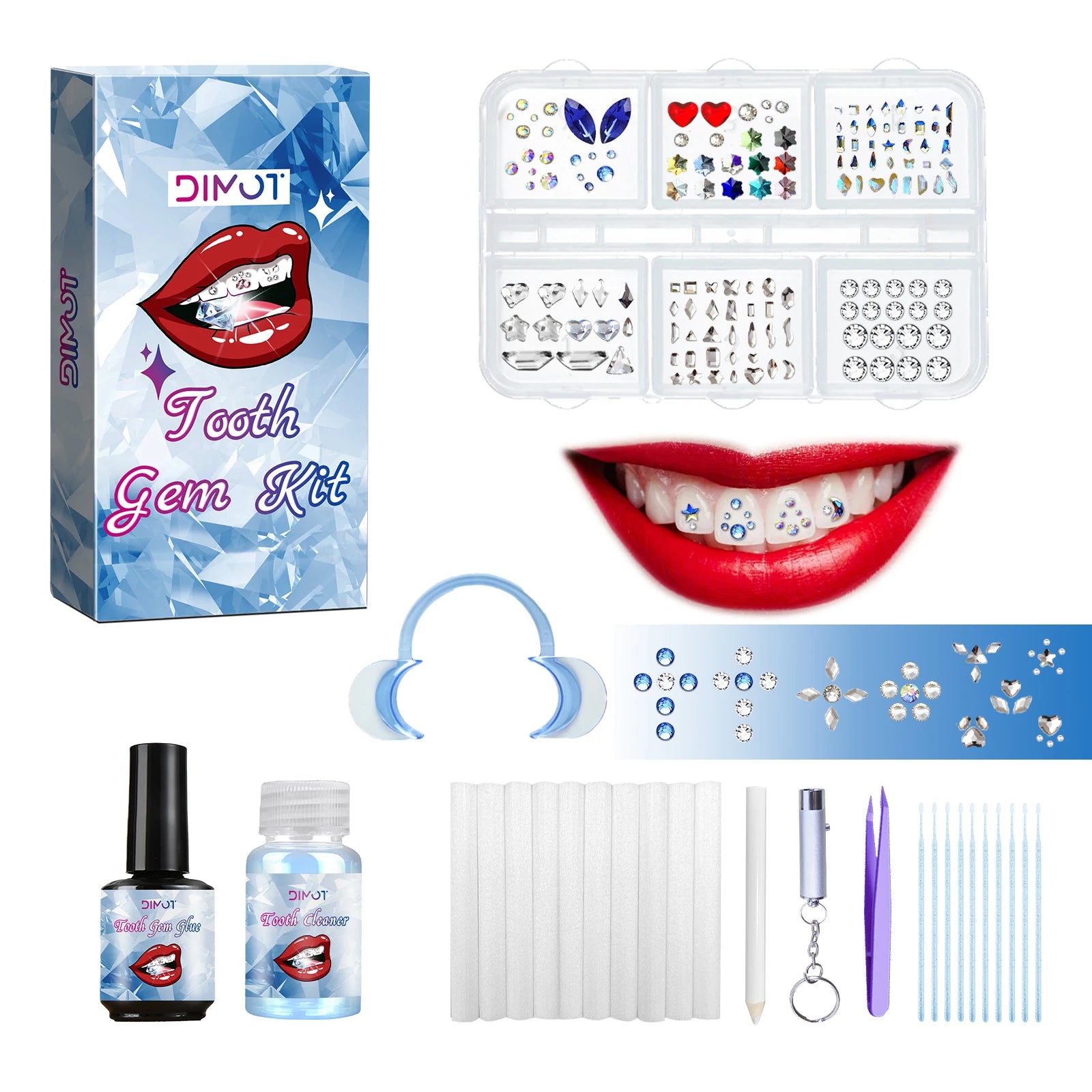 Dental Tooth Gems Kit DIY Crystal Diamond Ornament Secure Adhesive Various Shapes Color Teeth Jewelry Denture Teeth Decoration