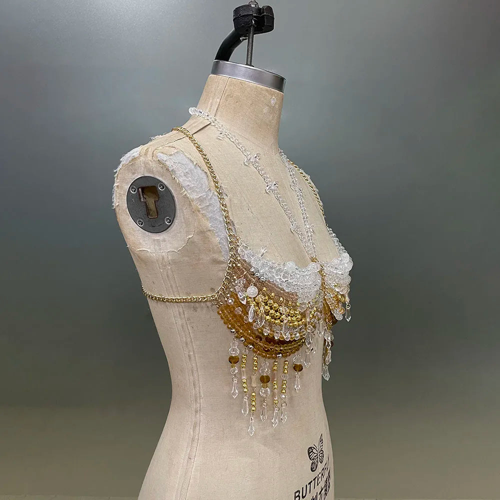 XYMY Handmade Bra Crystal Suspender Transparent Hollow Tassel Jewelry Top Sexy Woman Beach Yacht Birthday Party Body Chain