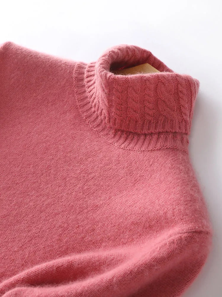 Autumn Winter 100% Merino Wool Sweater Women Turtleneck Twist Flower Sleeve Pullover Basics Warm Knitwear Cashmere Clothing Tops
