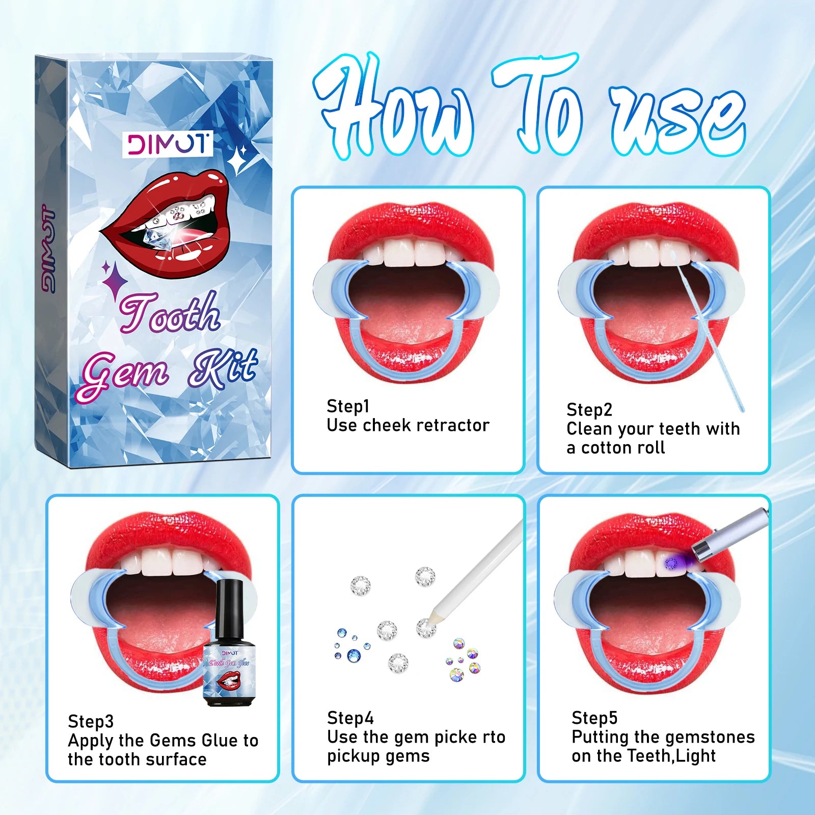 Dental Tooth Gems Kit DIY Crystal Diamond Ornament Secure Adhesive Various Shapes Color Teeth Jewelry Denture Teeth Decoration