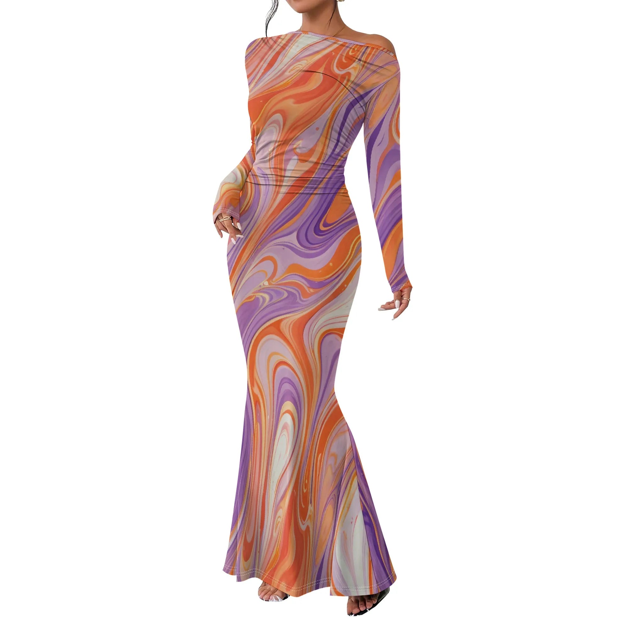 Women's  Casual Long Dresses Off Shoulder Long Sleeve Dress