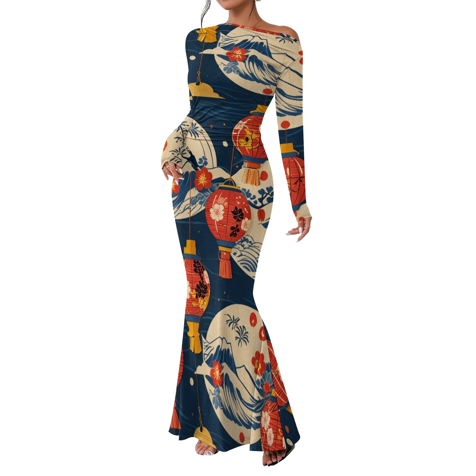 Women's  Casual Long Dresses Off Shoulder Long Sleeve Dress