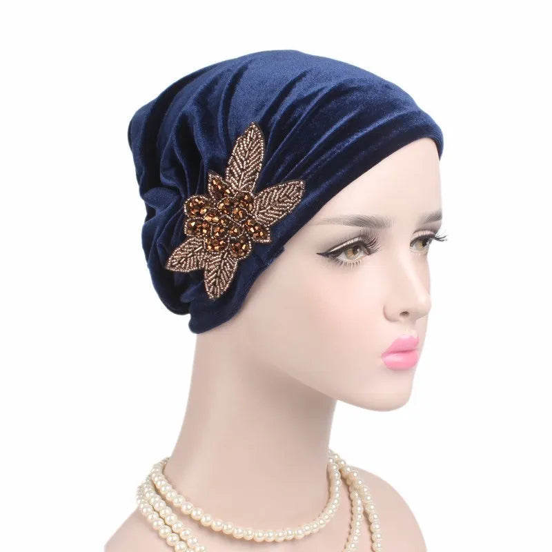 New Jewelry Velvet Turban Caps Muslim Rhinestone Hijab Scarf Bonnet Women Headband Turbans Islamic Wrap Head Scarves
