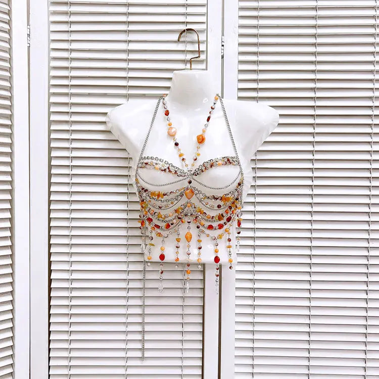 GACVGA Beading Body Chain Halter Camisole Vest Hollow Out Tank Top Body Jewelry Bustier Fashion Bra Women Beach Club Crop Top