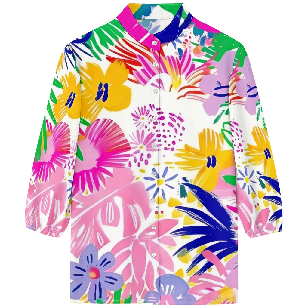 Womens Button Neon Flowers Shirt Short Sleeve
