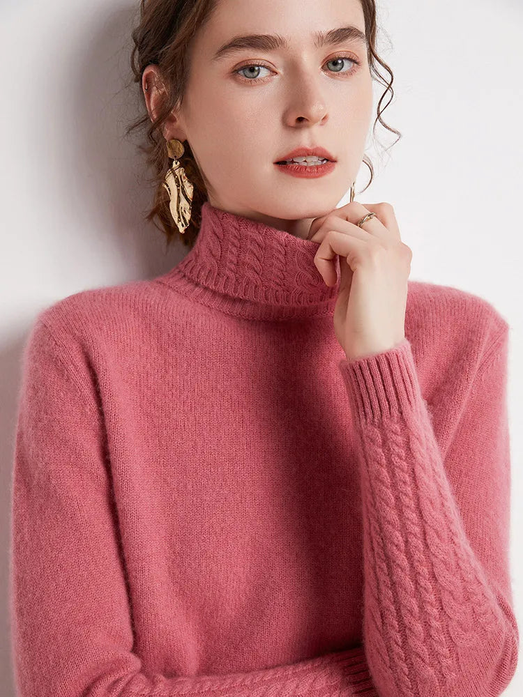 Autumn Winter 100% Merino Wool Sweater Women Turtleneck Twist Flower Sleeve Pullover Basics Warm Knitwear Cashmere Clothing Tops