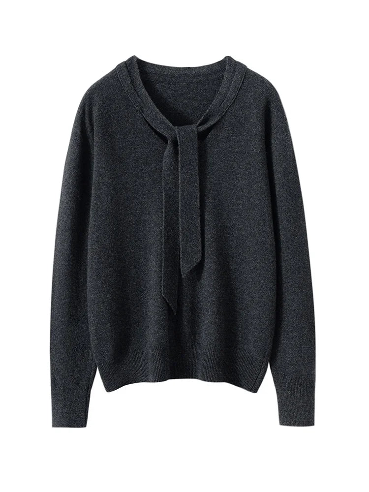 Women 100% Cashmere Sweater Ribbon V-neck Design Pullovers Autumn Winter French Retro Style Soft Knitwear Clothing Tops High-end