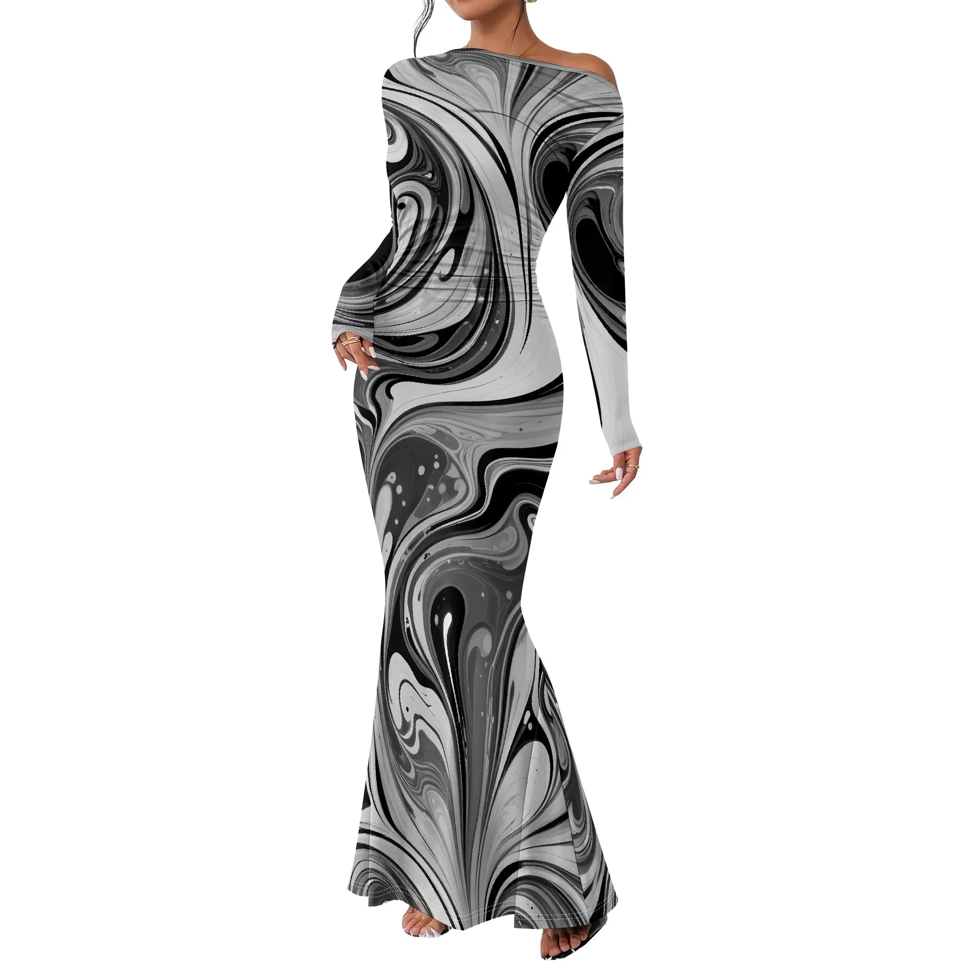 Women's  Casual Long Dresses Off Shoulder Long Sleeve Dress