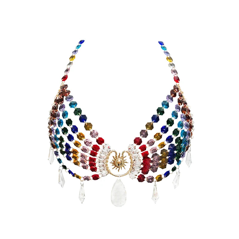Handmade jewelry bra colorful acrylic splicing crystal pendant hollow perspective short top sexy women holiday party body chain