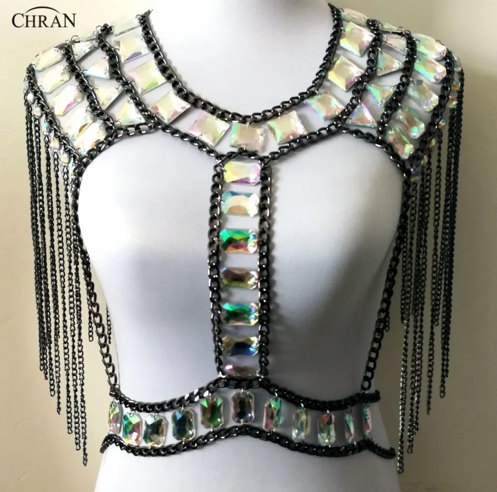Black Gem Bead Crop Top Chain Rave Bra Chain Shoulder Necklace Ibiza Sonar Wear EDM Outfit Body Jewelry Chain Tank Tops