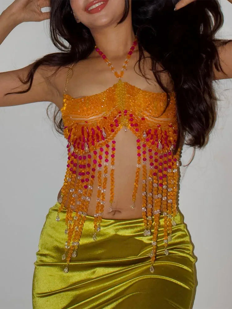Handmade jewelry bra orange crystal halter neck hollow tassel top sexy body chain.