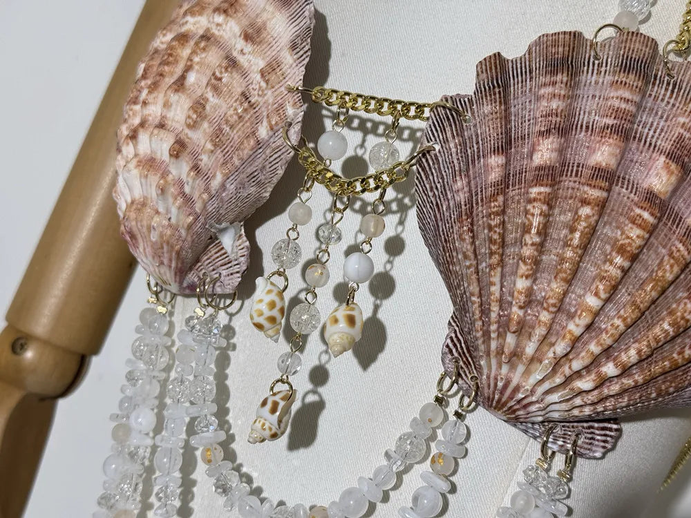 Y2K Adjustable Harness Crop Top Backless Seashell Bikini Top Bra Beach Jewelry Top Mermaid Shell Body Chain Bralette