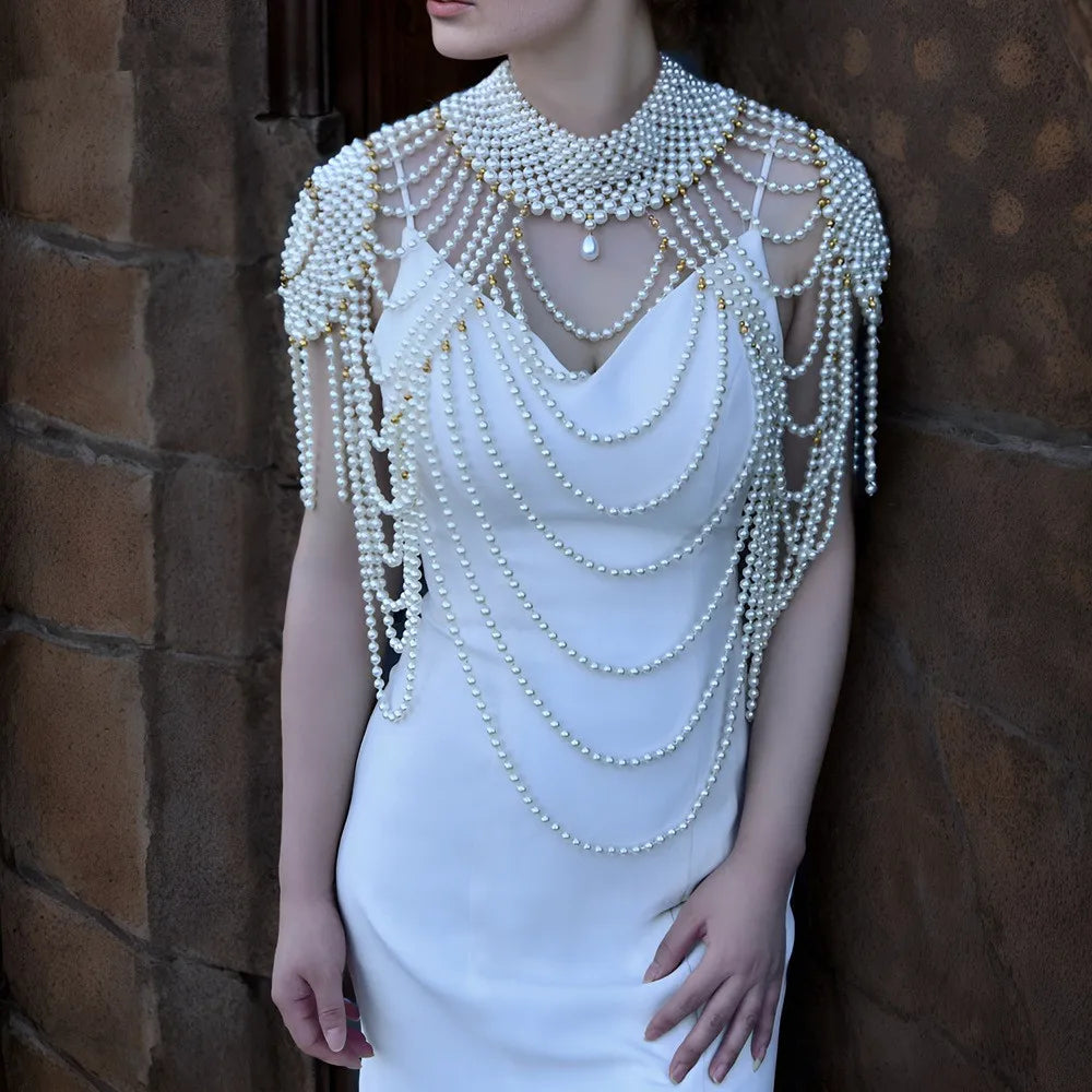 Sexy Chain Pearl Tops Fashion Tassel Design Handmade Pearl shoulder Chain Big Size Necklace Pearl-Body-Chain for Women Jewelry