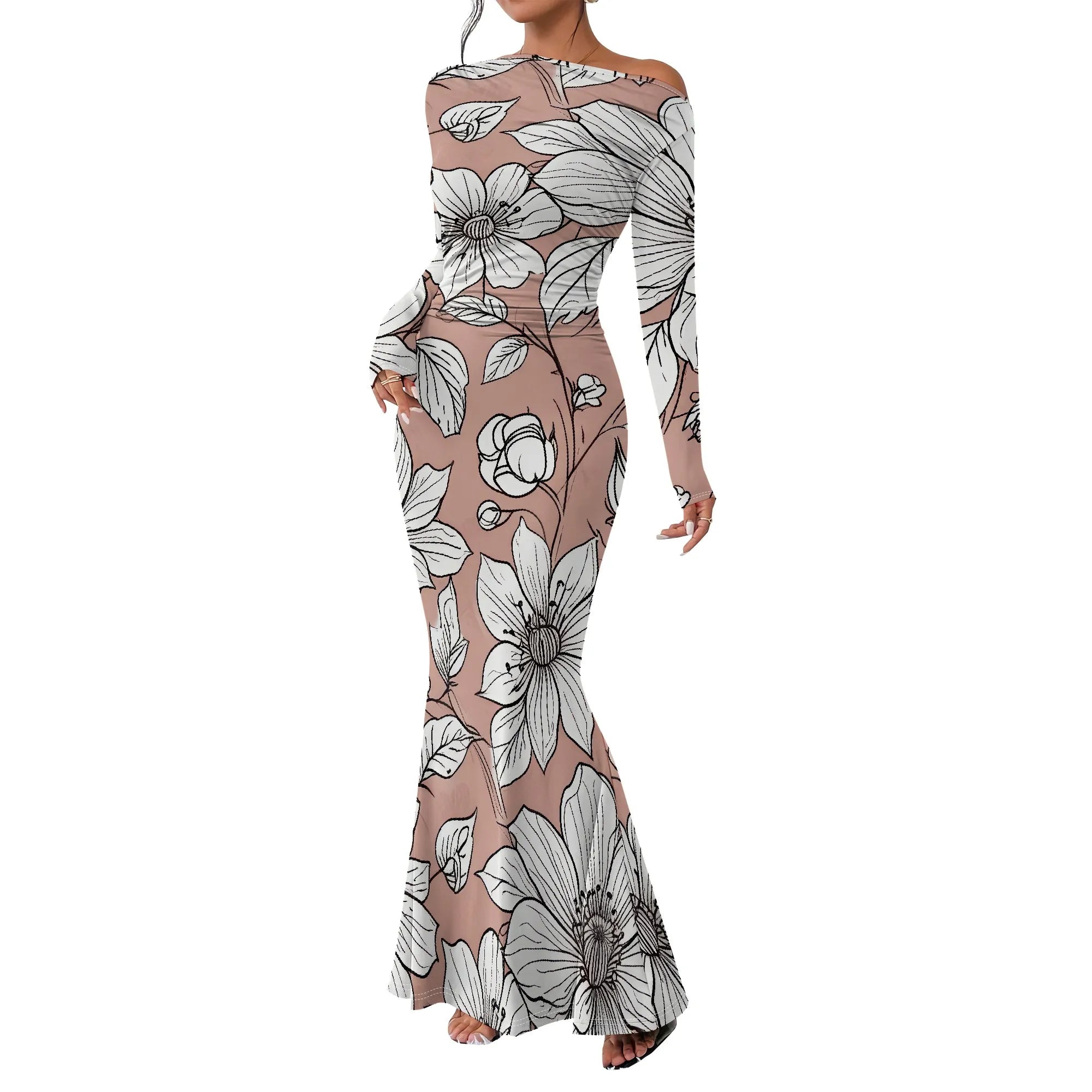 Women's  Casual Long Dresses Off Shoulder Long Sleeve Dress