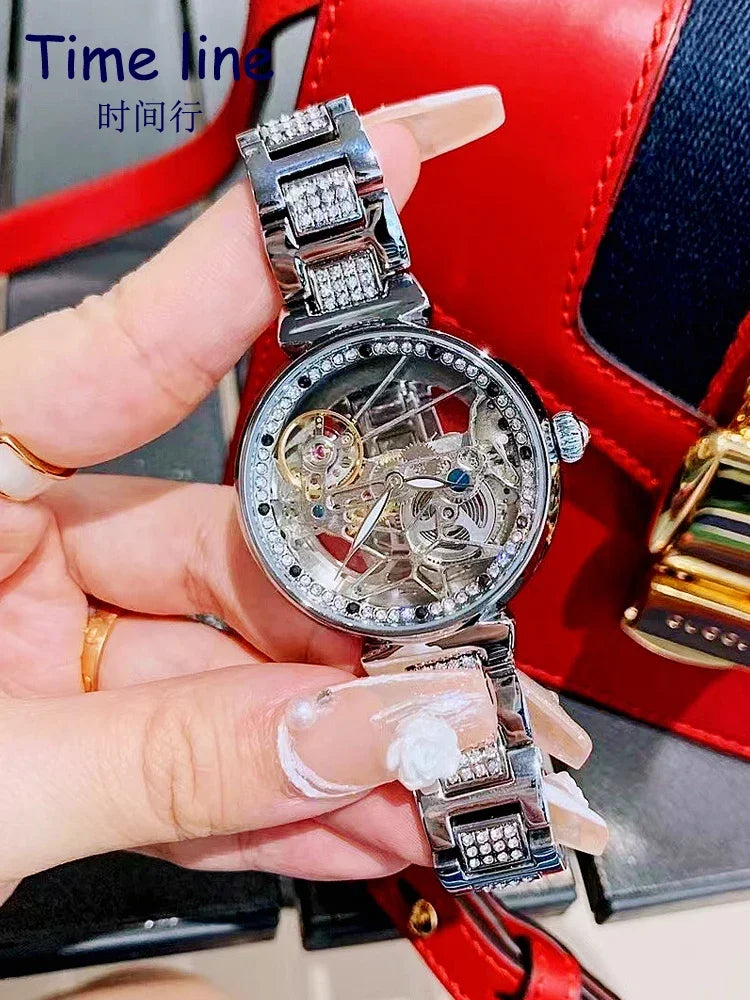 Transparent hollow niche rhinestone cool tourbillon fully automatic mechanical women's watch