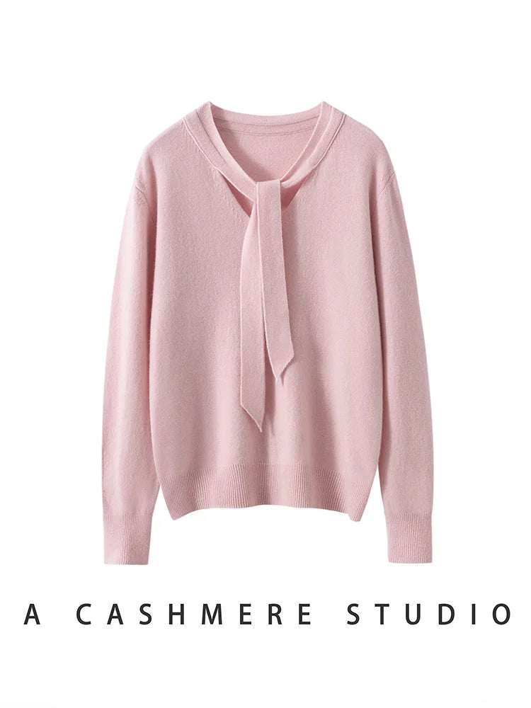 Women 100% Cashmere Sweater Ribbon V-neck Design Pullovers Autumn Winter French Retro Style Soft Knitwear Clothing Tops High-end