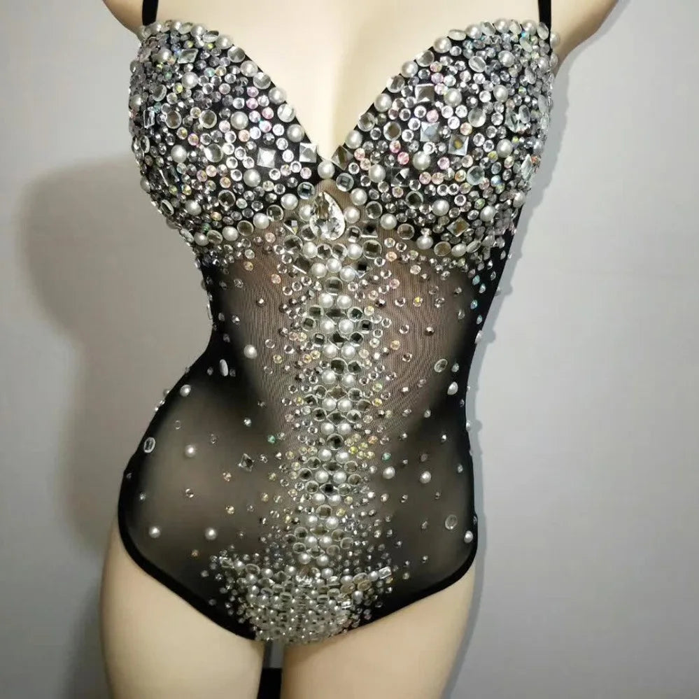 Female Singer Sexy Mesh Luxury Full Diamond Onesie With Triangular High Fork - Stage Performance & Photo Suit Elegant Ball Gowns
