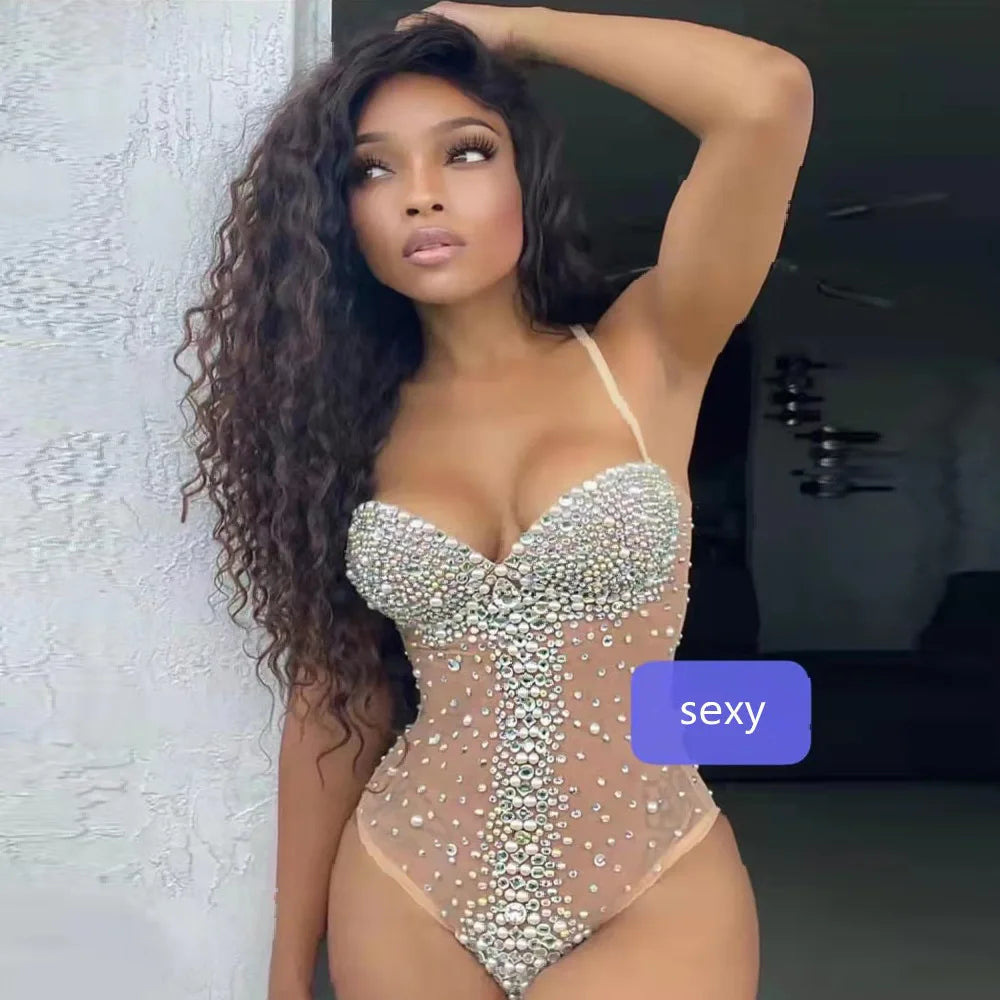 Female Singer Sexy Mesh Luxury Full Diamond Onesie With Triangular High Fork - Stage Performance & Photo Suit Elegant Ball Gowns