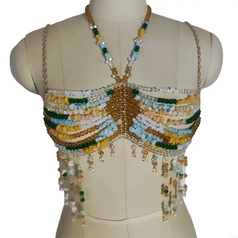Exotic Colorful Beads Tassels Crop Top Halter Body Jewelry Chest Chain 6XDA