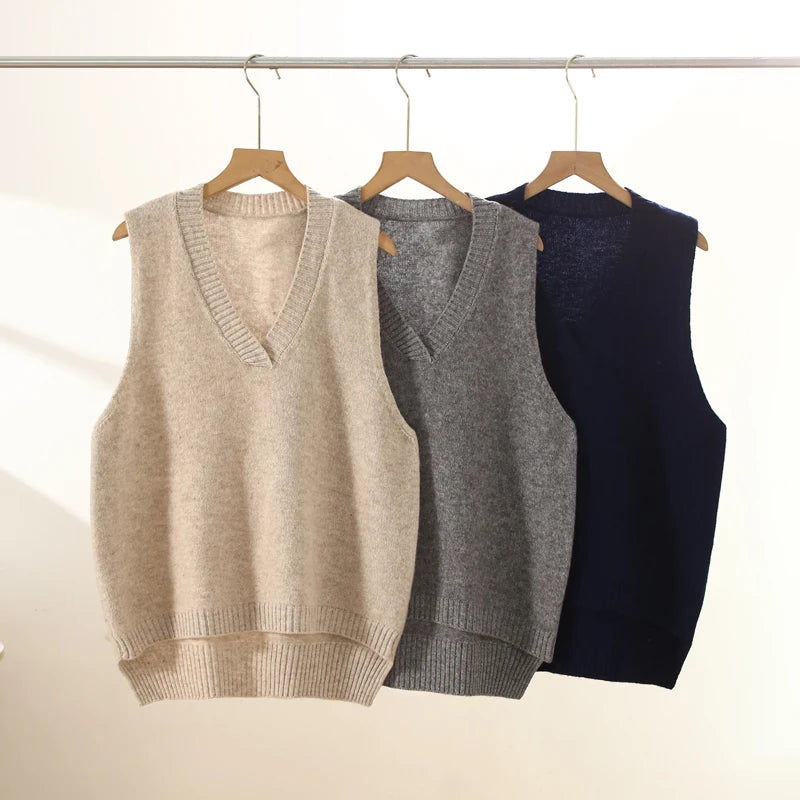 Women V-neck Vest Pullover Autumn Winter 100% Merino Wool Sweater Sleeveless Knitwear Irregular Hem Cashmere Waistcoat Clothing