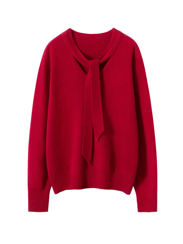 Women 100% Cashmere Sweater Ribbon V-neck Design Pullovers Autumn Winter French Retro Style Soft Knitwear Clothing Tops High-end