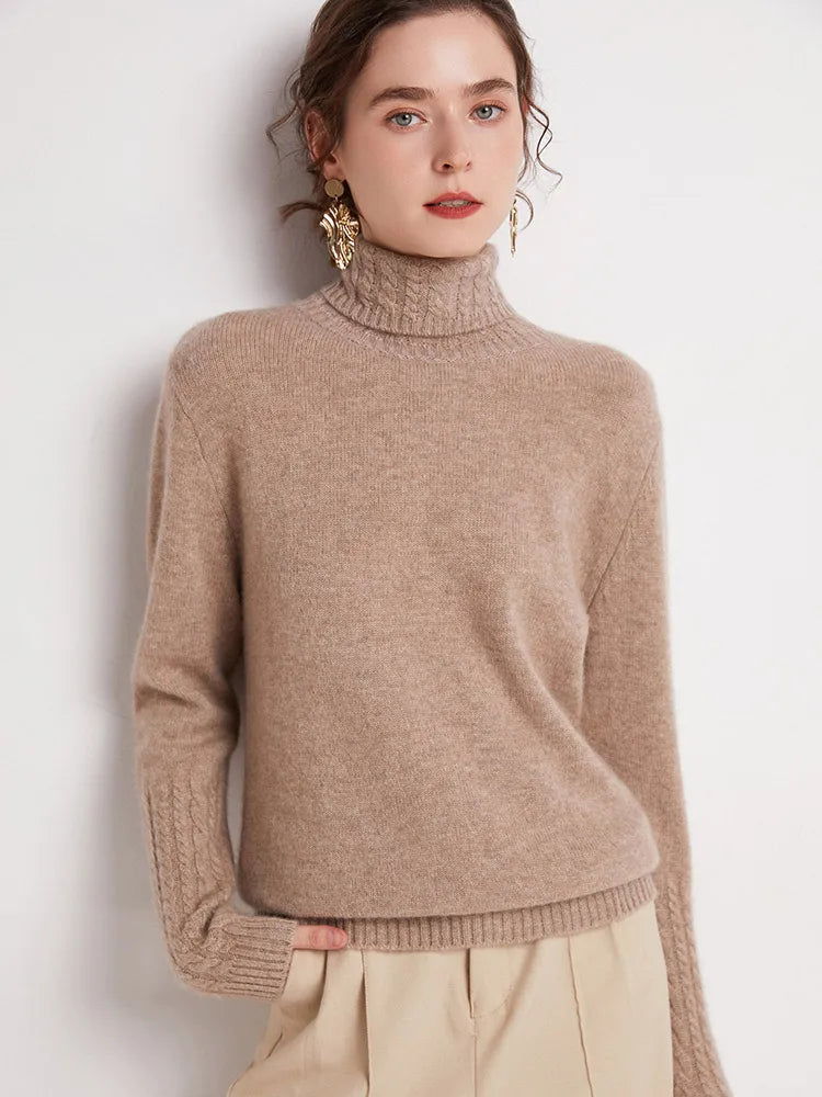Autumn Winter 100% Merino Wool Sweater Women Turtleneck Twist Flower Sleeve Pullover Basics Warm Knitwear Cashmere Clothing Tops