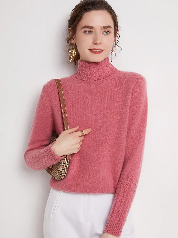 Autumn Winter 100% Merino Wool Sweater Women Turtleneck Twist Flower Sleeve Pullover Basics Warm Knitwear Cashmere Clothing Tops