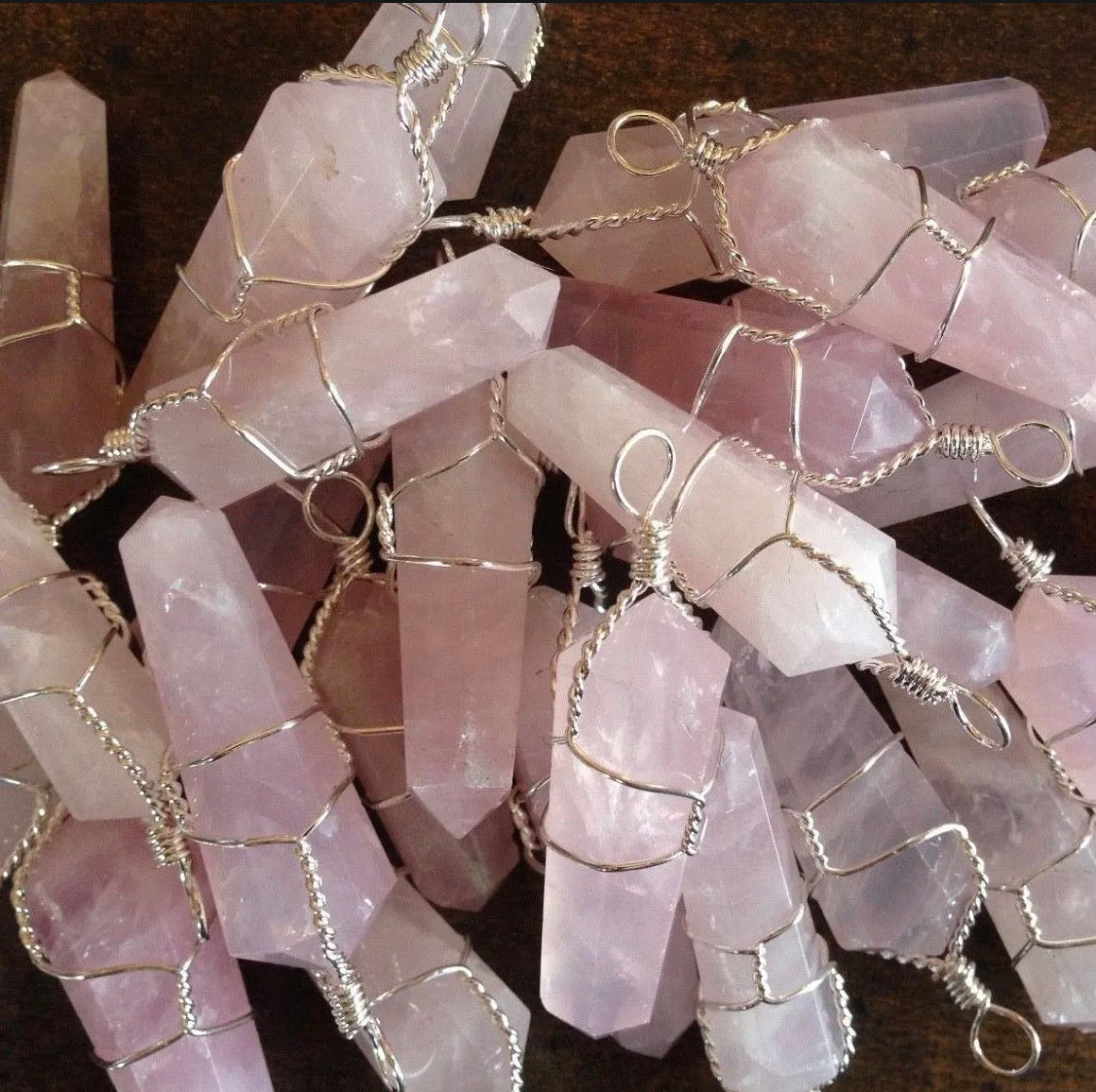 Rose Quartz Wire Wrap Pendant Handmade Chakra Crystal Necklace