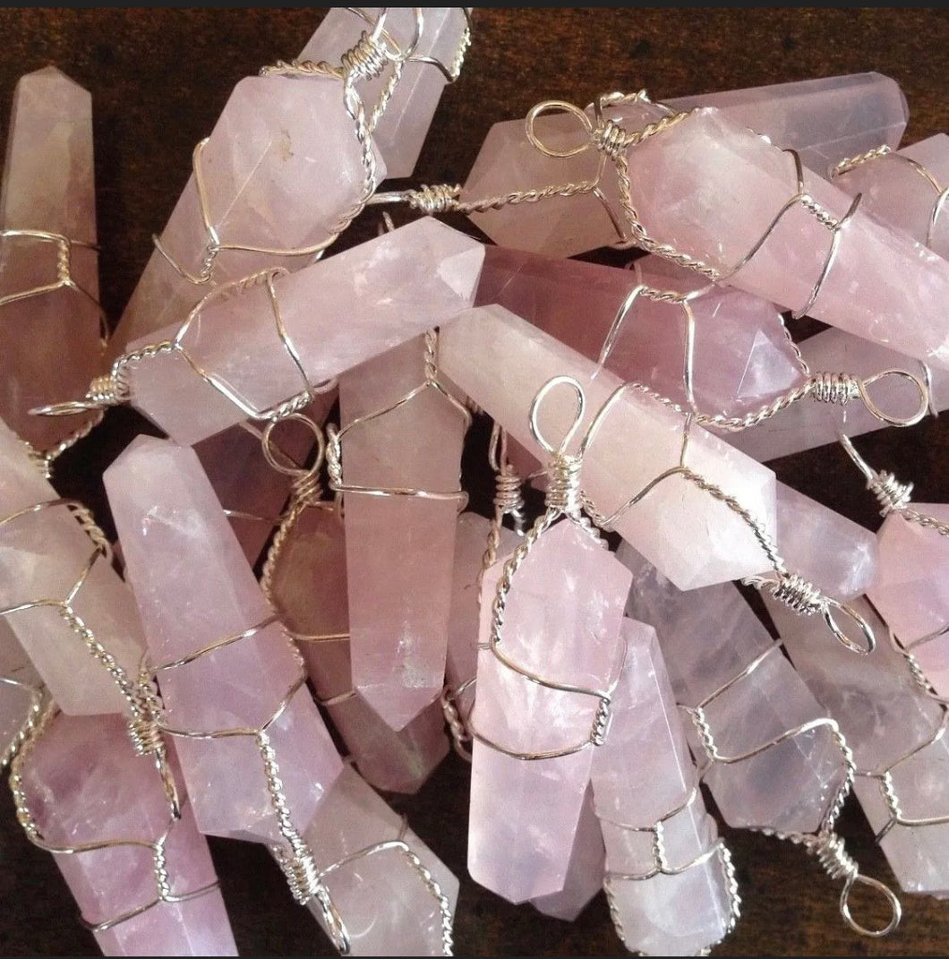 Rose Quartz Wire Wrap Pendant Handmade Chakra Crystal Necklace