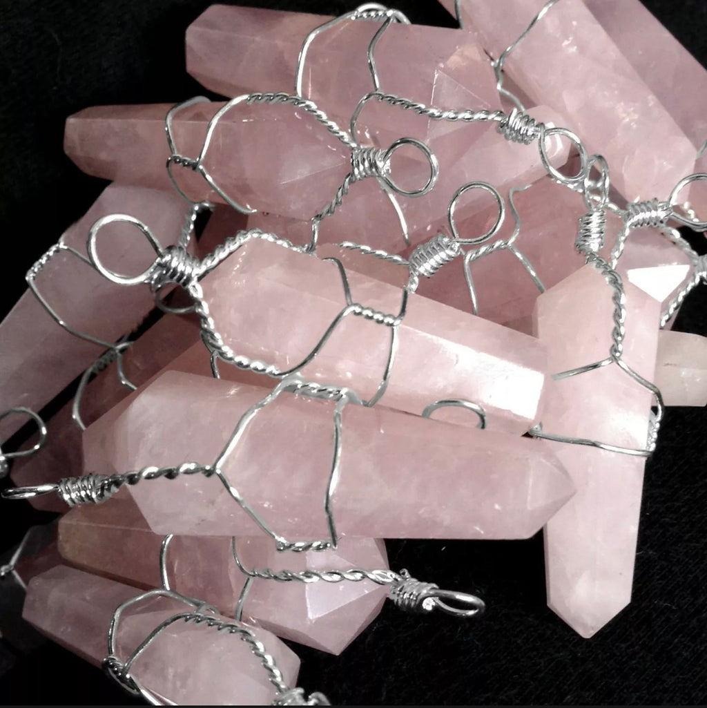 Rose Quartz Wire Wrap Pendant Handmade Chakra Crystal Necklace